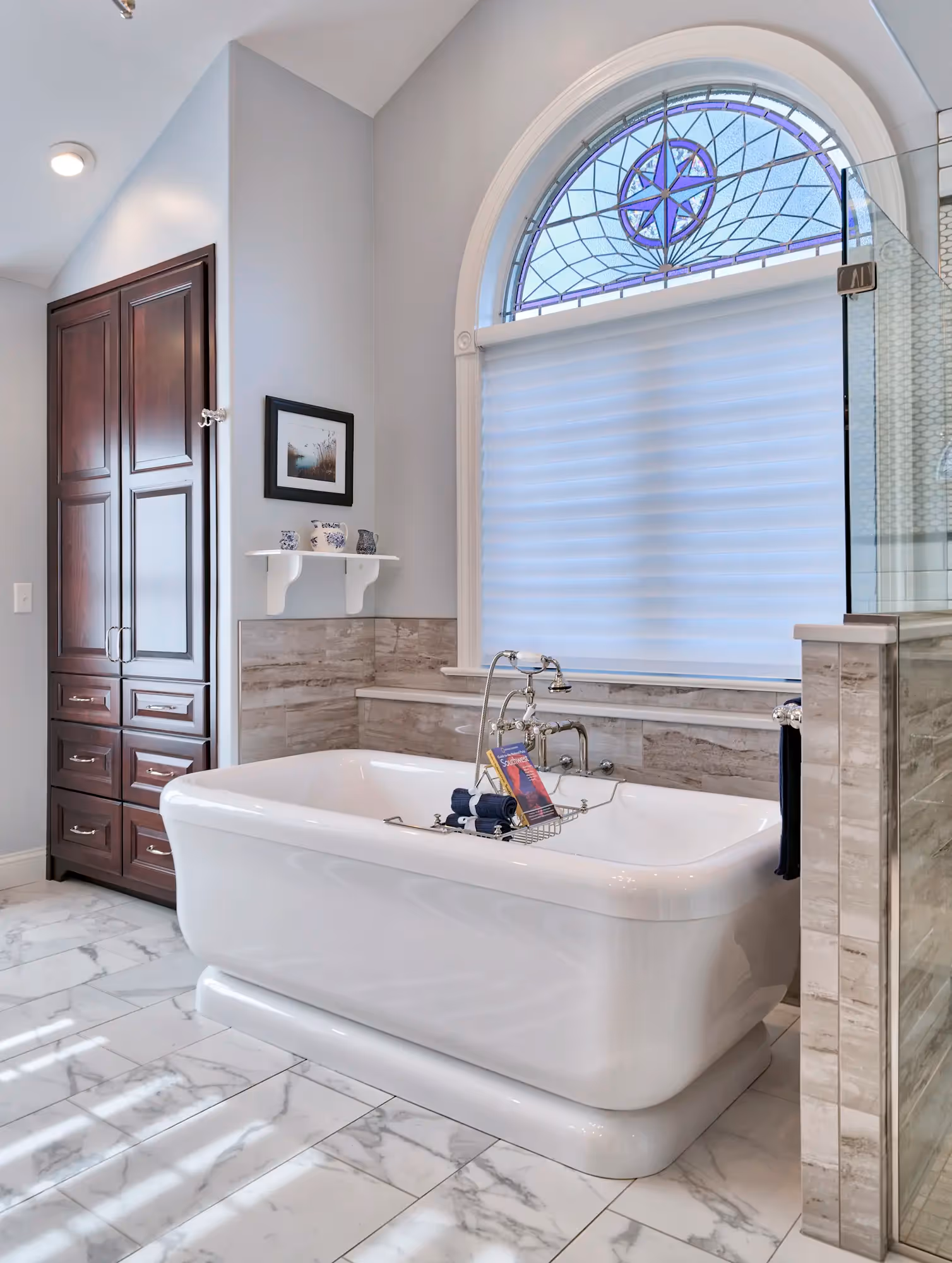 Spacious bathroom with clean design.