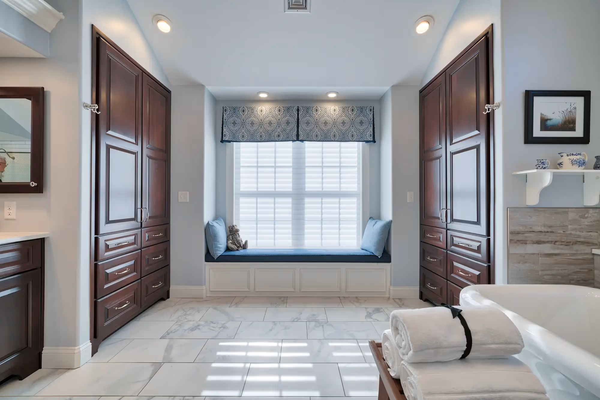 Spacious bathroom with clean design.