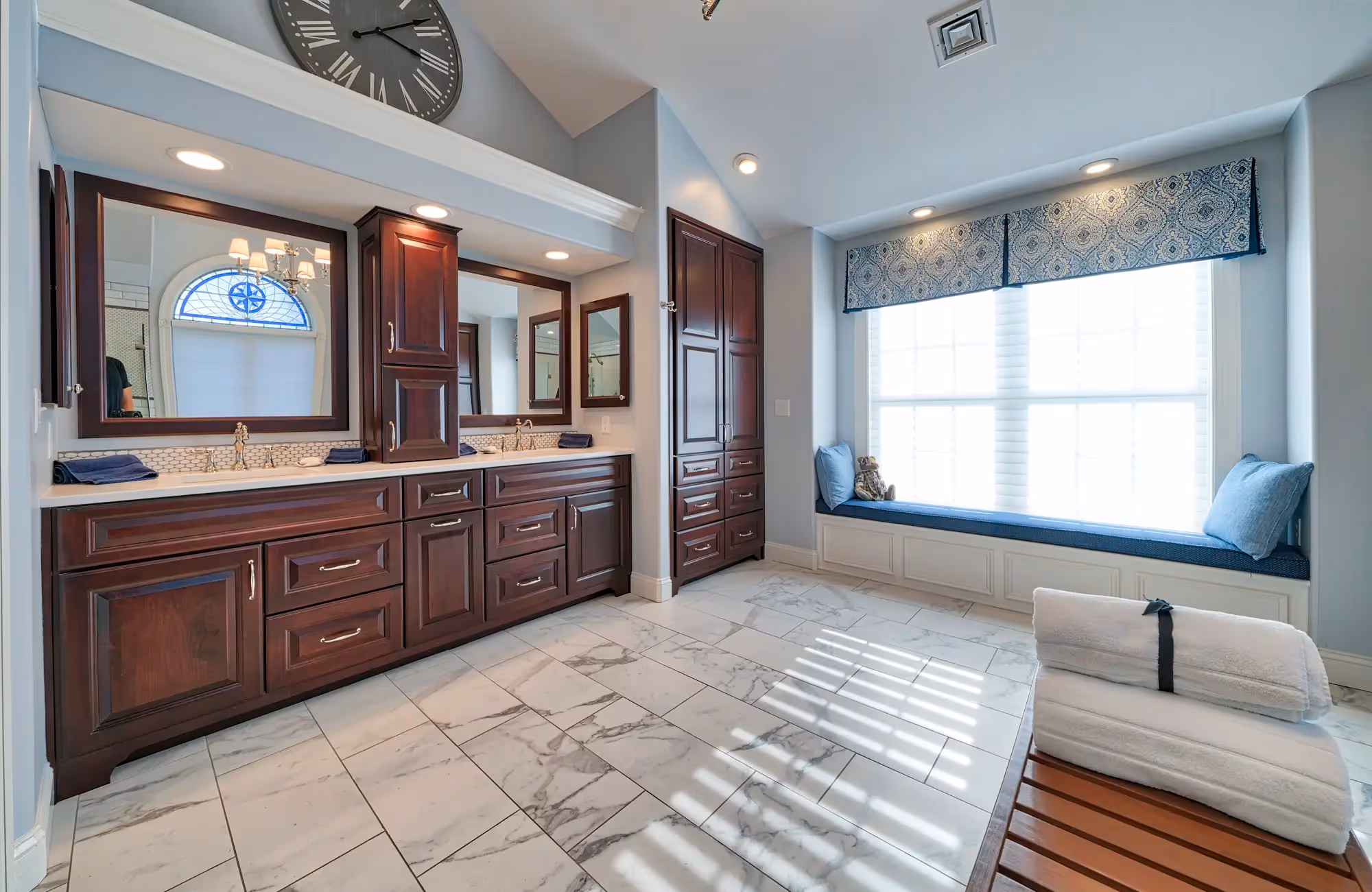 Spacious bathroom with clean design.
