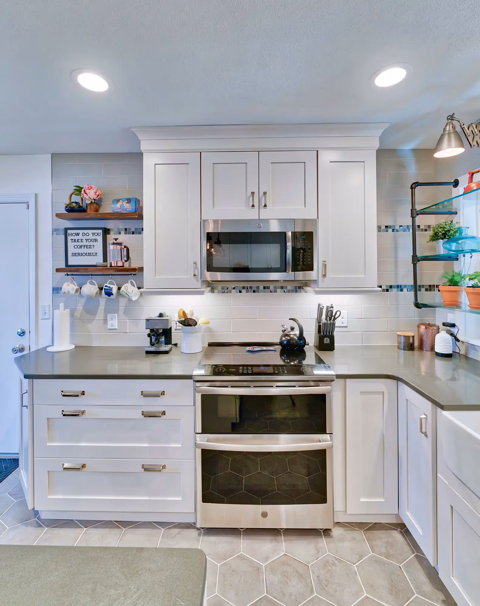 Bright kitchen with plants, clean countertops