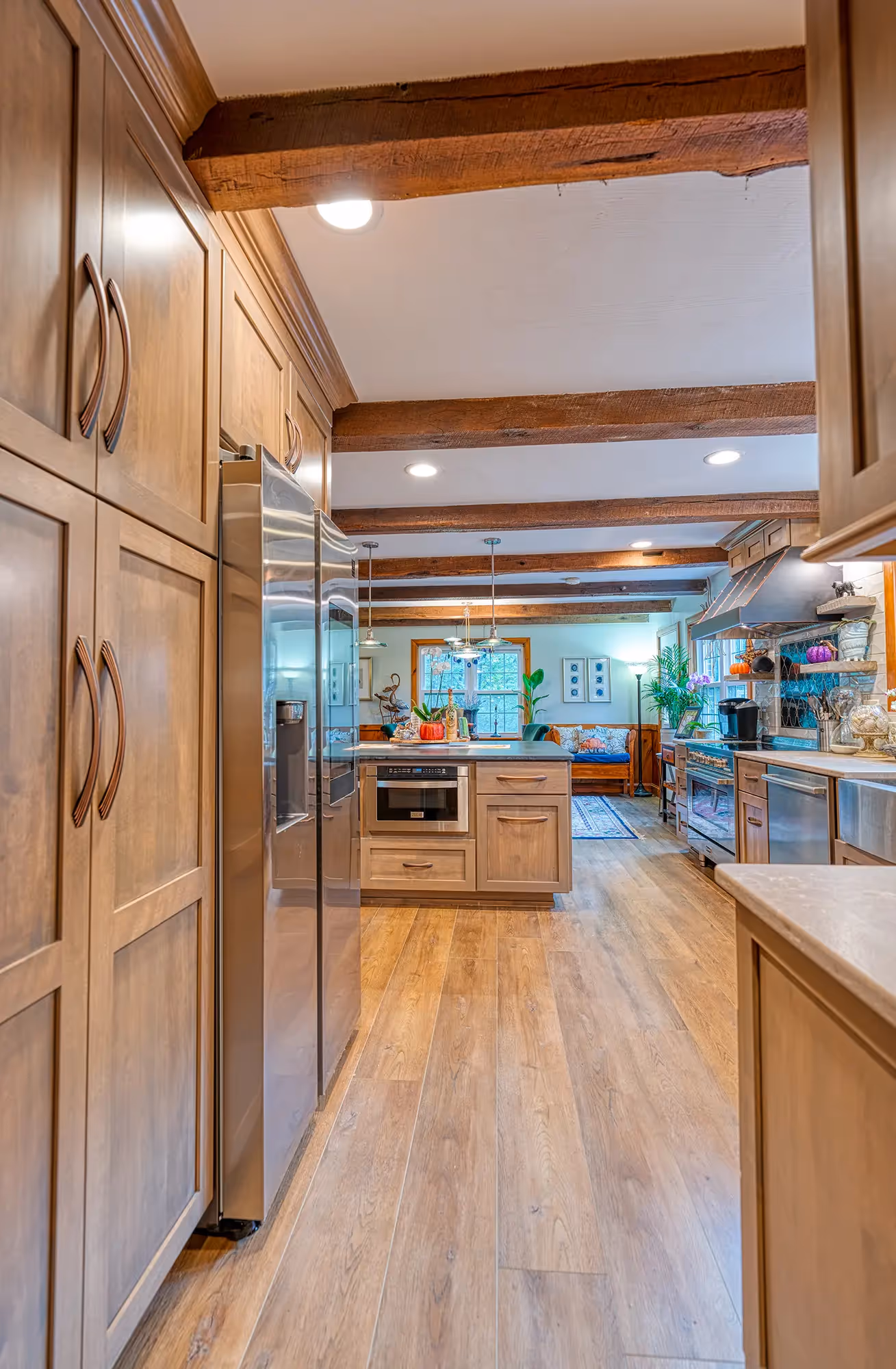 View of the kitchen area featuring a large island