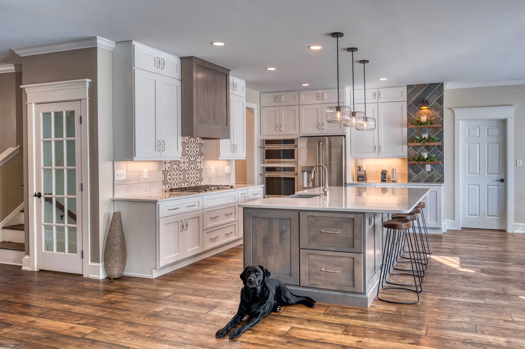 Elegant kitchen with neutral tones, white cabinets