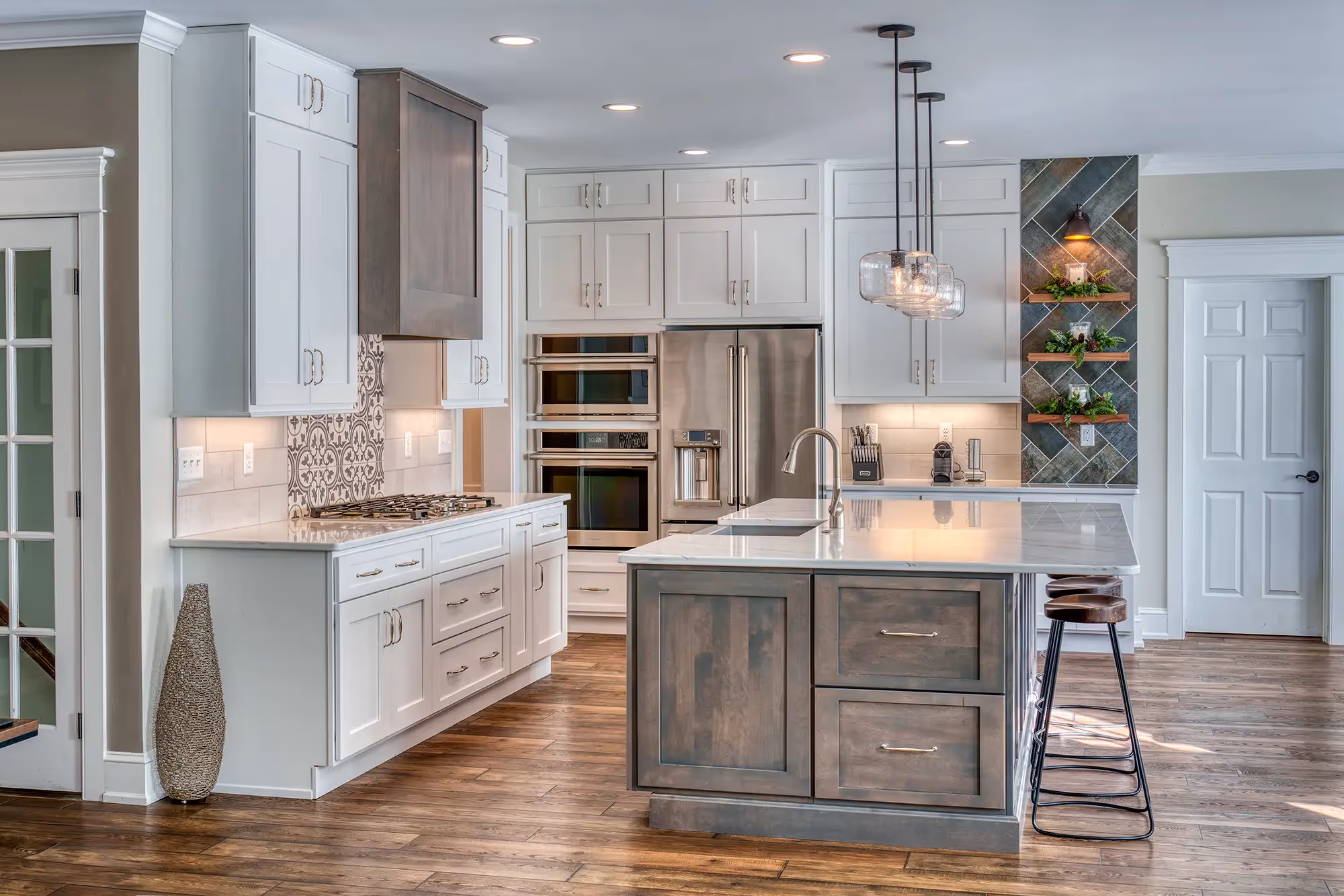 Open kitchen space with floor-to-ceiling windows.