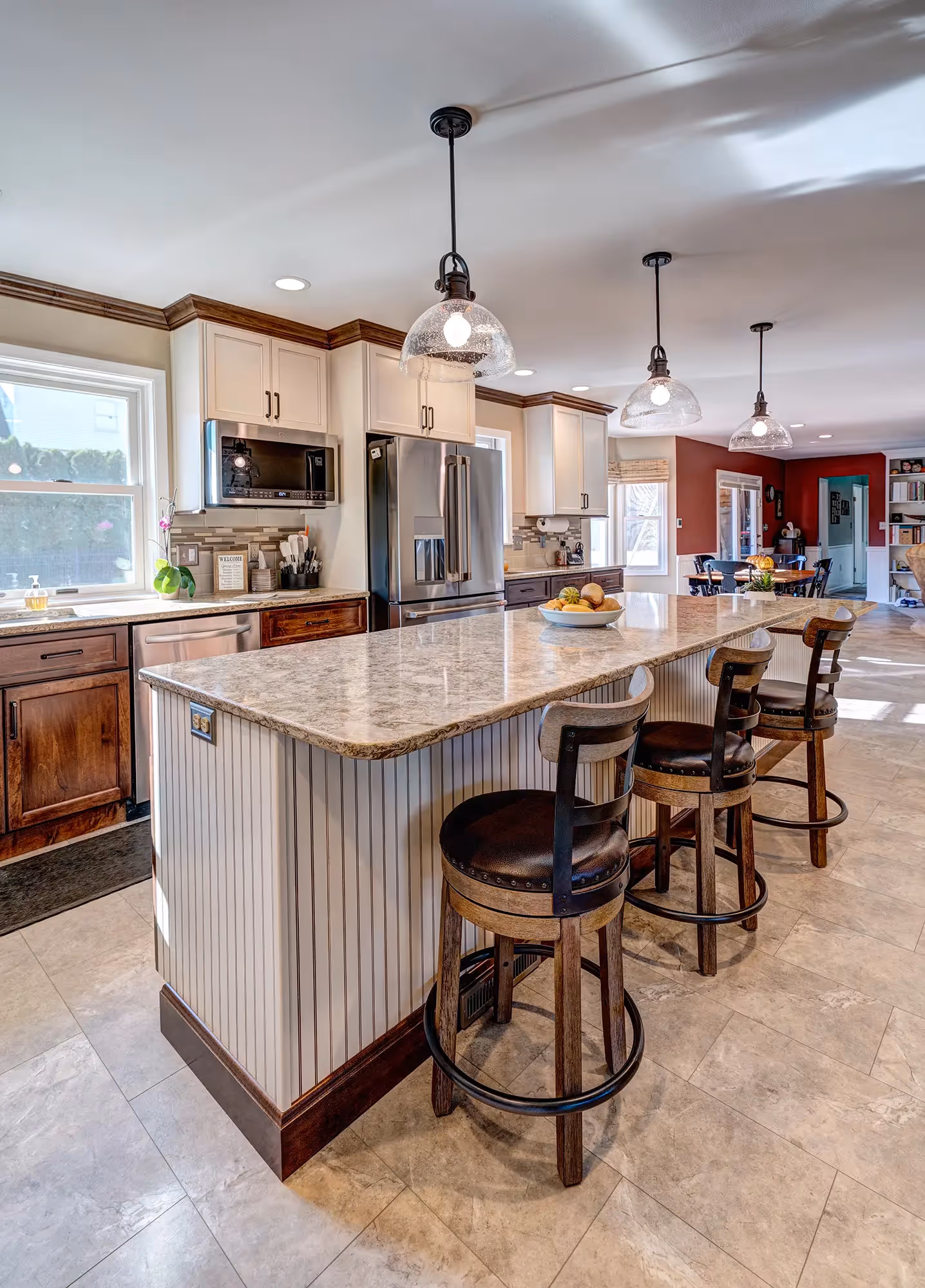 Open kitchen with wooden cabinetry