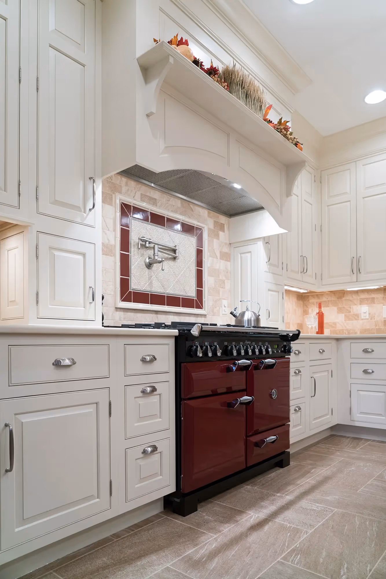 White pantry cabinets with glass shelves