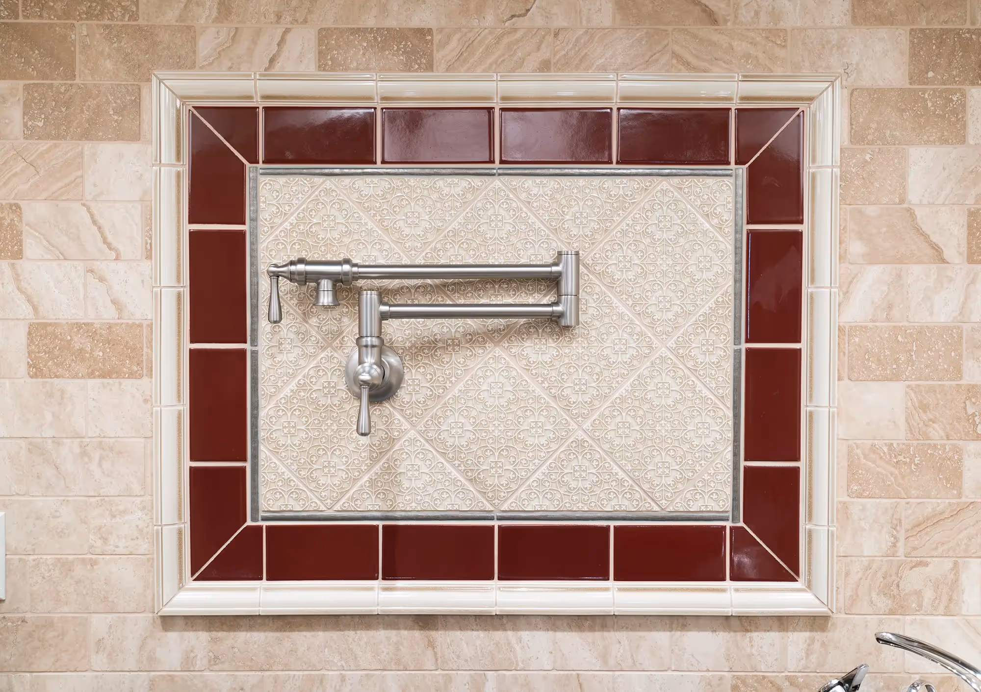 View of a red stove in a kitchen