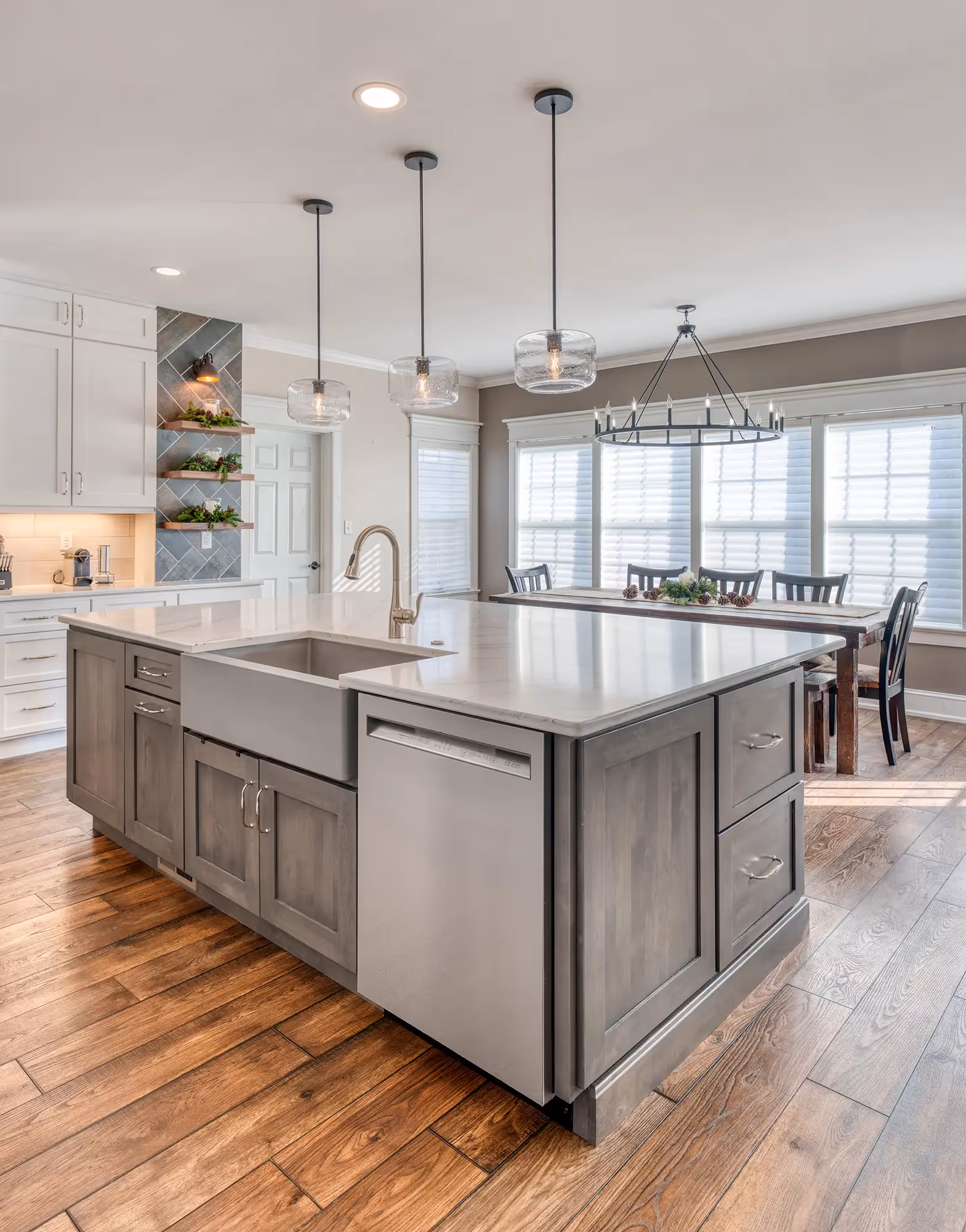 Close-up of kitchen island with appliances and storage