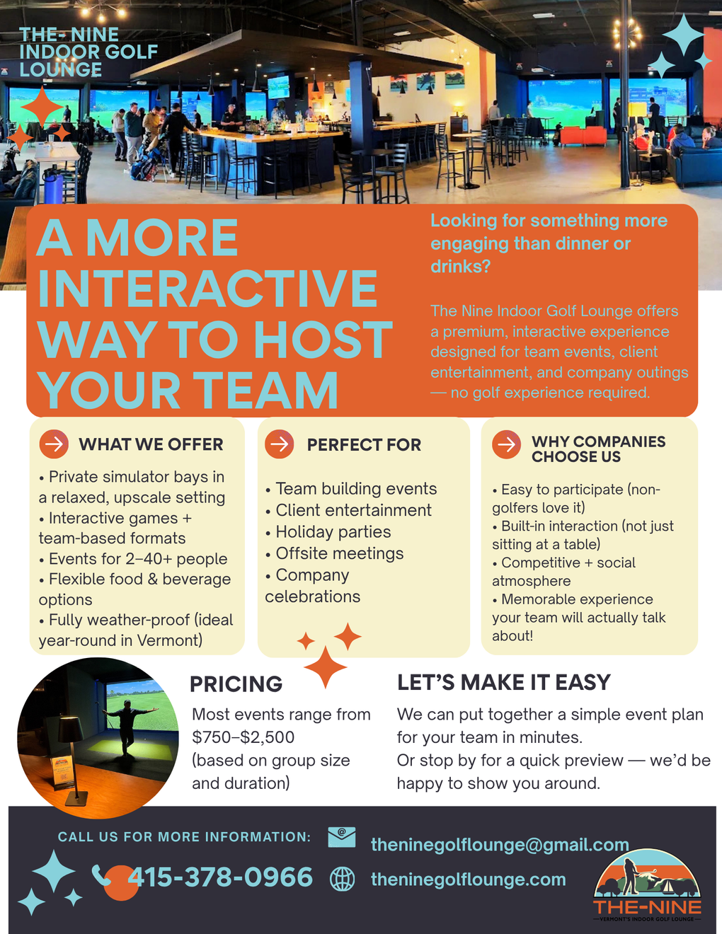 Indoor golf lounge with simulators, bar, seating, and event hosting details for team building and outings.