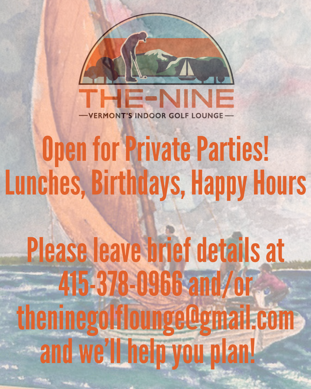 The Nine is open for private parties — lunches, birthdays, happy hours. Call 415-378-0966 or email to plan.