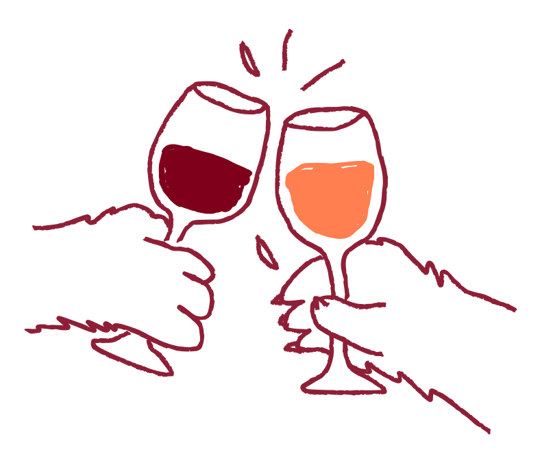 Cartoon illustration of two furry hands clinking wine glasses, one with red wine and one with white wine.