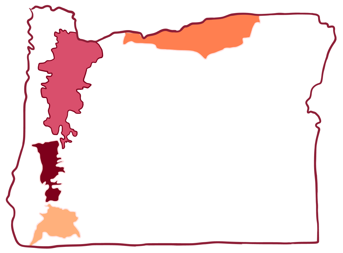 Map of Oregon with five regions in varying shades of red and orange highlighted along the west and north parts of the state.