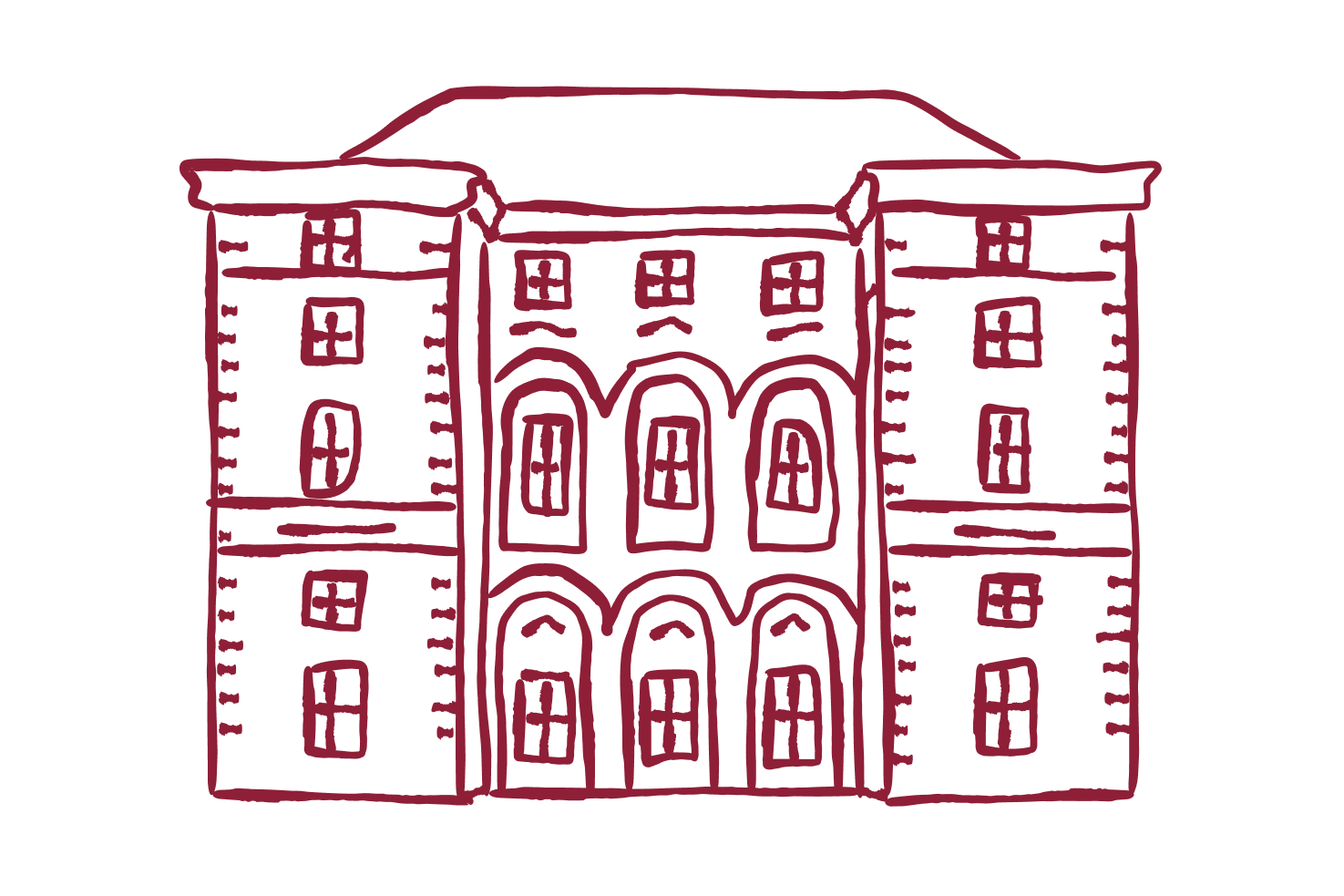 Sketch drawing of a three-story building with multiple windows and arched doorways.
