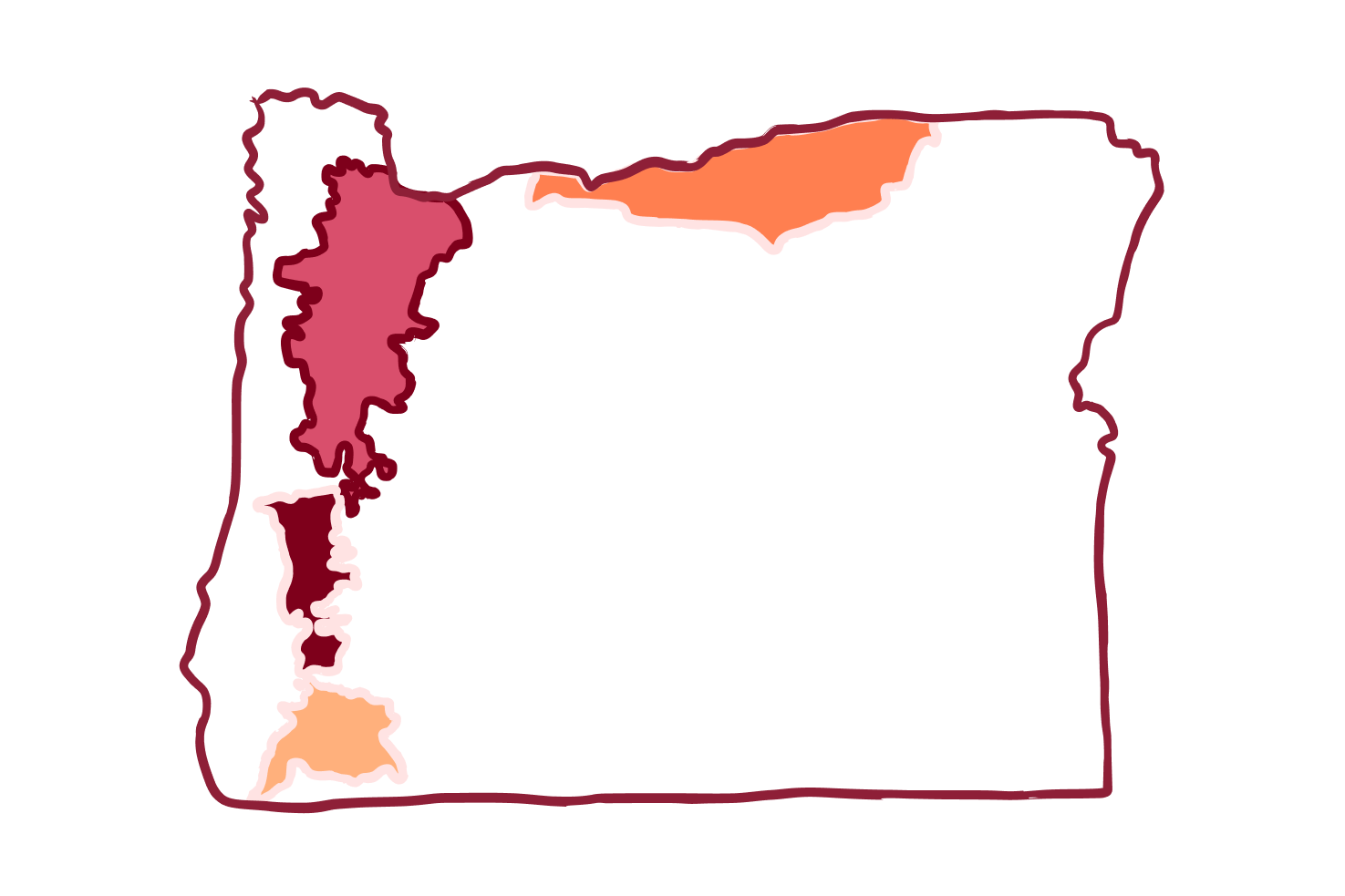 Map of Oregon with five regions highlighted in different shades of red and orange along the western and northern borders.
