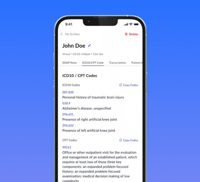 A phone screen showing the Commure AI Scribe app with ICD10 and CPT codes for John Doe’s record.
