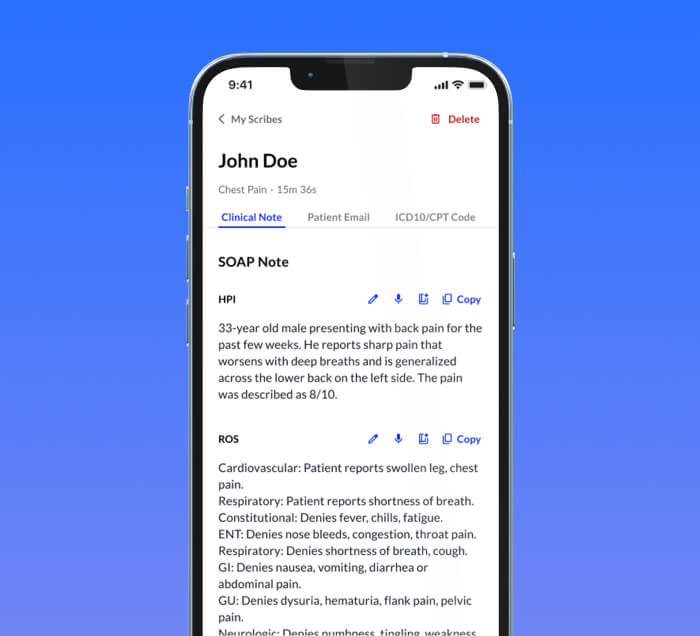 A phone screen showing the Commure AI Scribe app with a SOAP note for John Doe’s clinical record.
