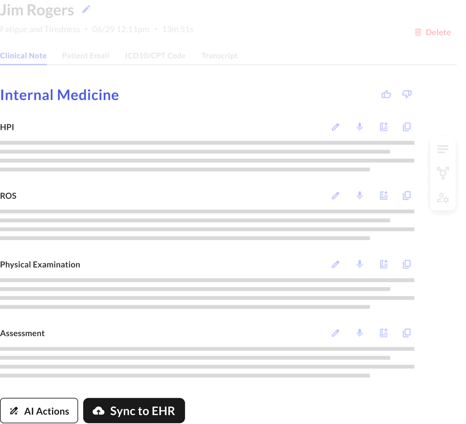 A screen showing the Internak Medicine page in the Commure AI Scribe app.
