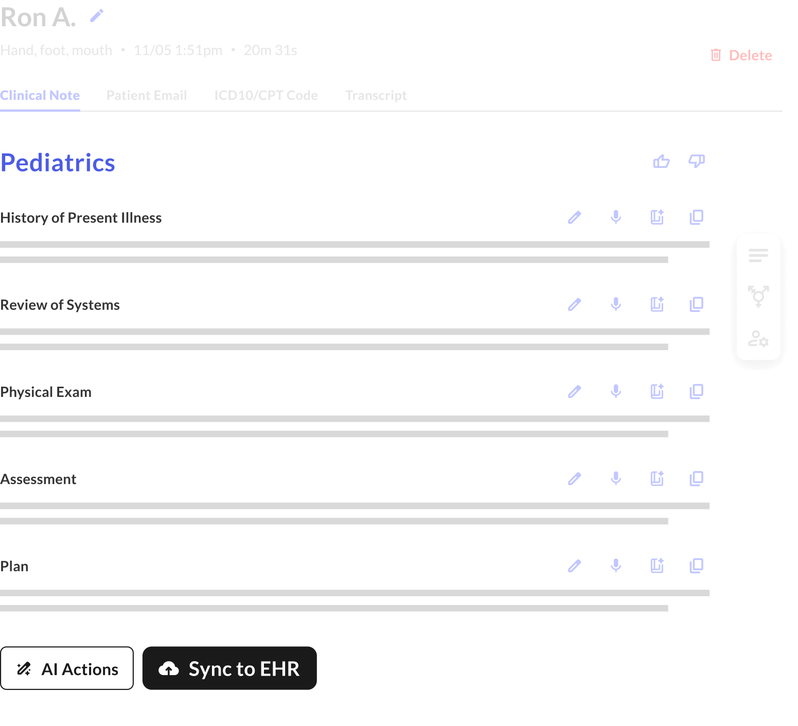 A screen showing the Pediatrics section of the Commure AI Scribe app with options to edit, record, and sync notes to EHR.