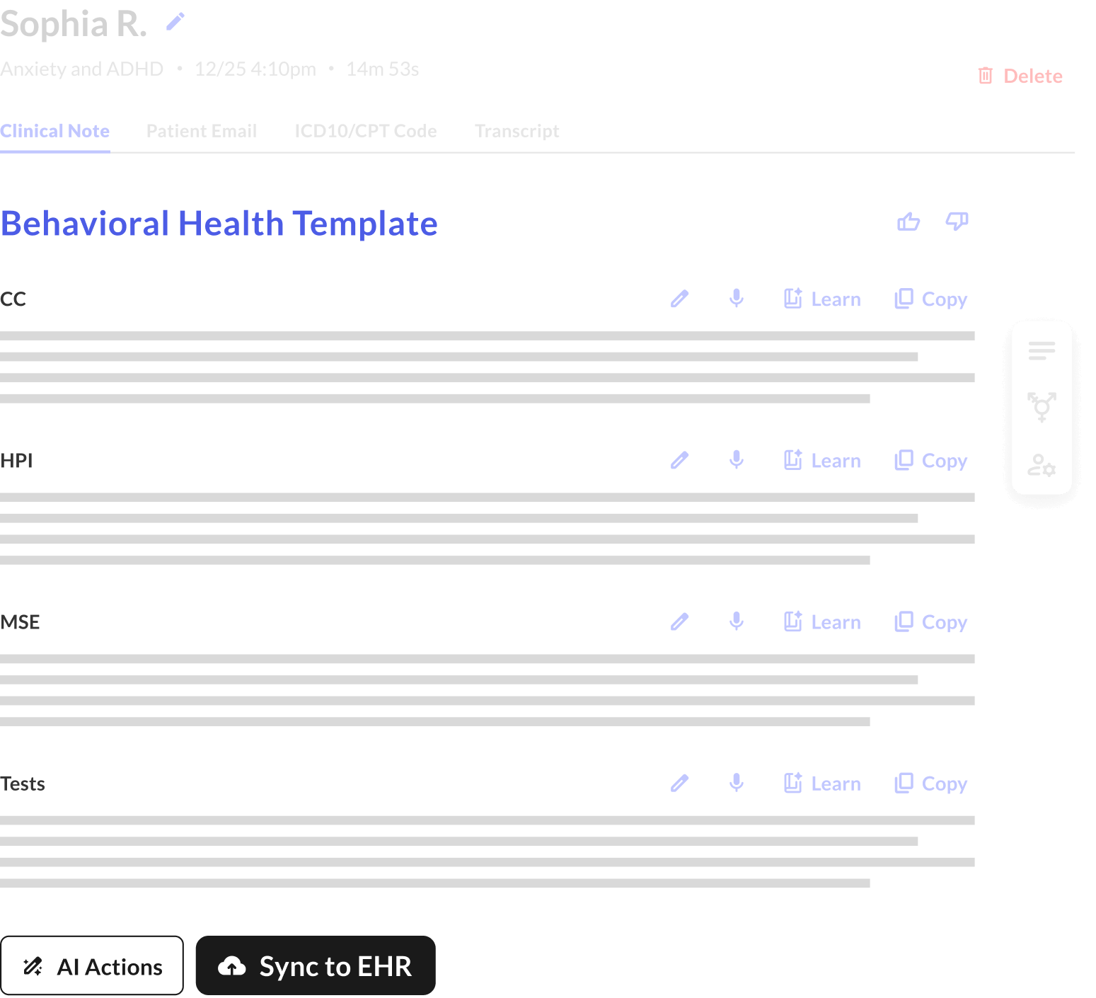 A screen showing the Behavioral Health Template in the Commure AI Scribe app.
