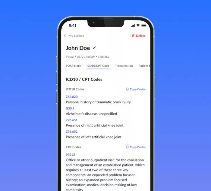 A phone screen showing the Commure AI Scribe app with ICD10 and CPT codes for John Doe’s record.