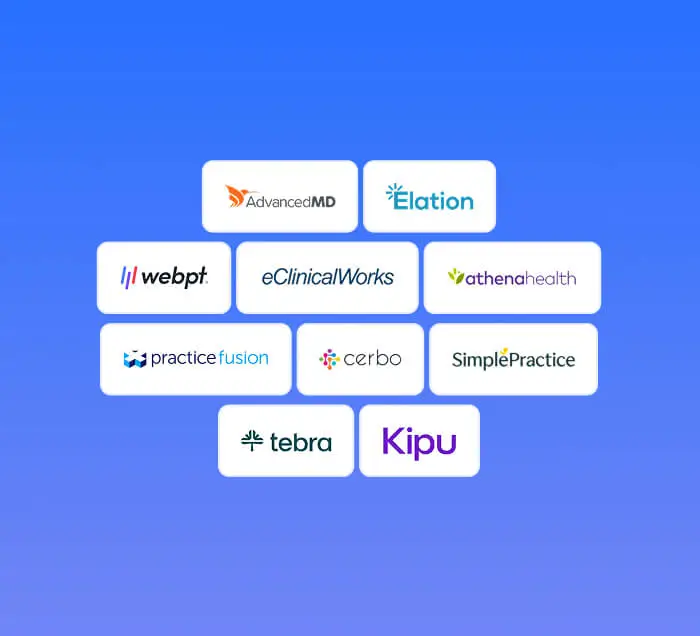 Logos of healthcare and EHR platforms including AdvancedMD, Elation, WebPT, eClinicalWorks, Athenahealth, Practice Fusion, Cerbo, SimplePractice, Tebra, and Kipu