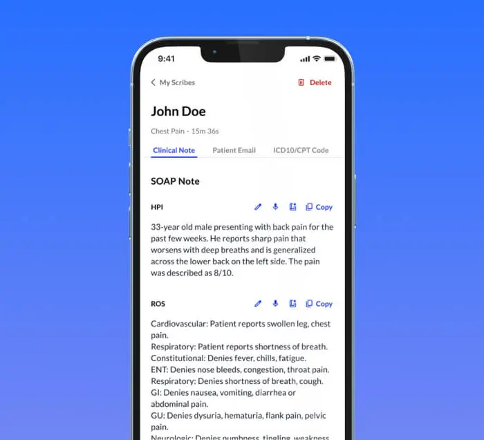 A phone screen showing the Commure AI Scribe app with a SOAP note for John Doe’s clinical record.