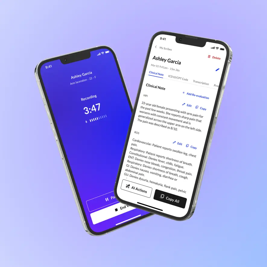 Two phones showing a medical recording and clinical notes app Commure Scribe
