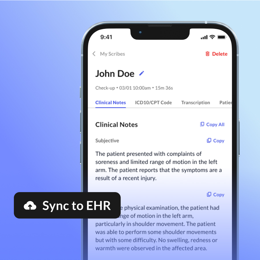 Smartphone screen showing clinical notes for a patient with a “Sync to EHR” button.
