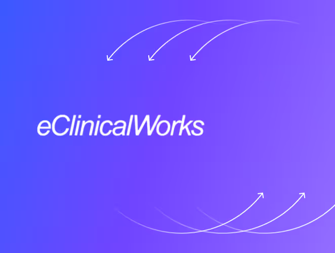eClinicalWorks logo with workflow arrows on a purple background.