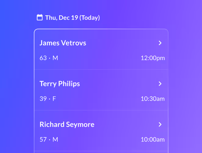 Today's patient appointments list with names, ages, and times.