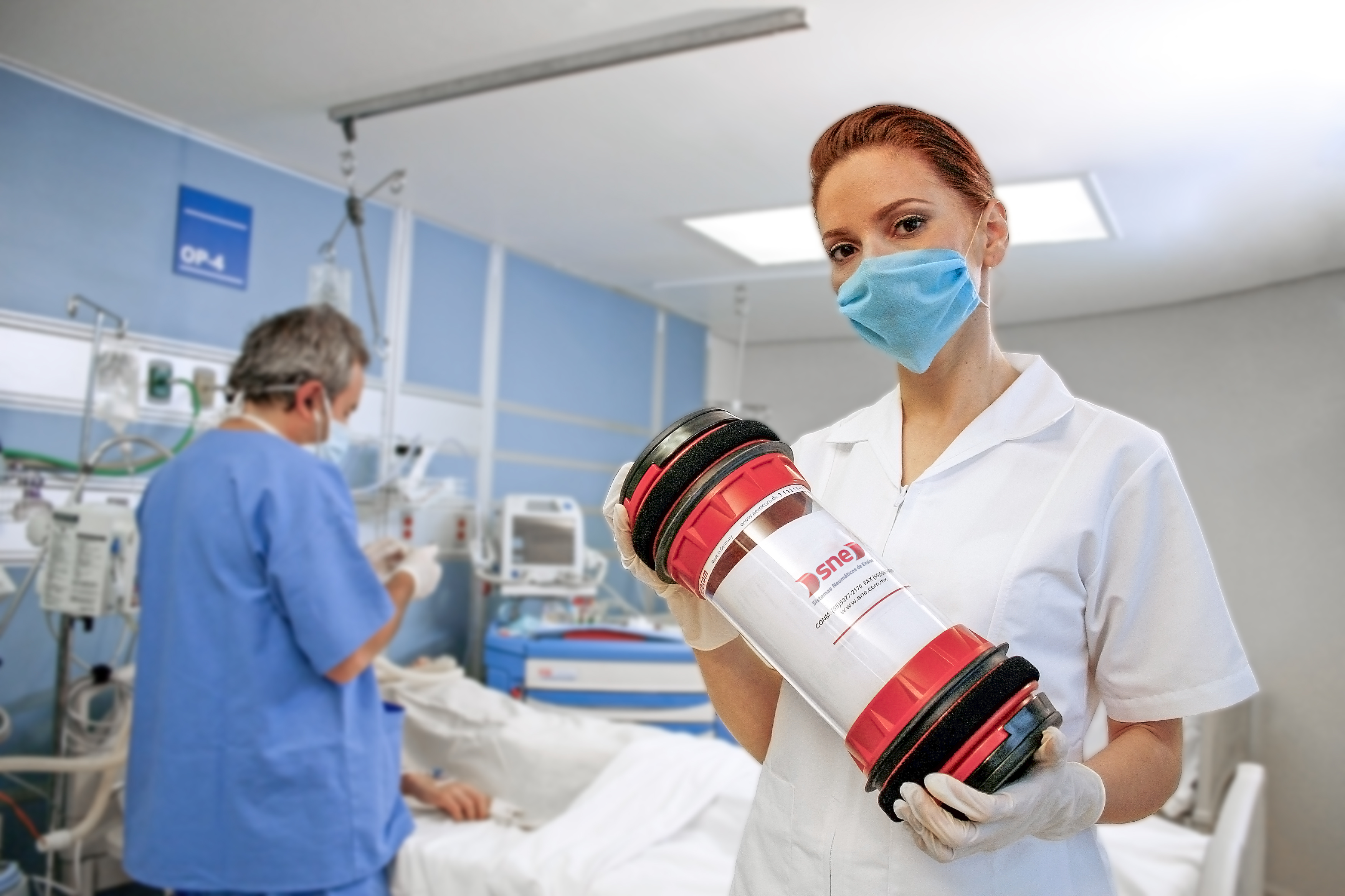 Sistema neumático SNE instalado en hospital para transporte de muestras médicas