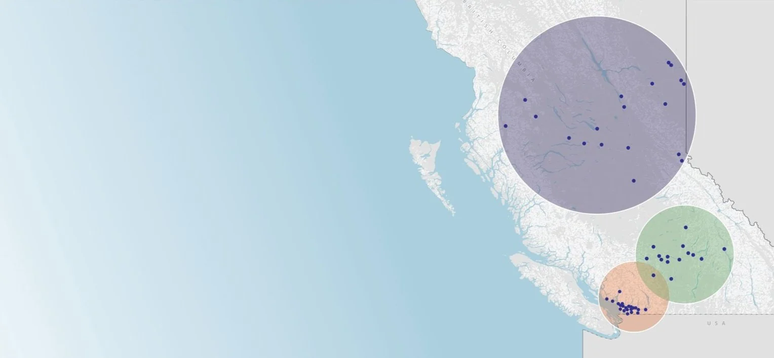 Map of British Columbia showing three clusters of points marked with blue dots within overlapping purple, green, and orange circles in the southern, northern and central regions.