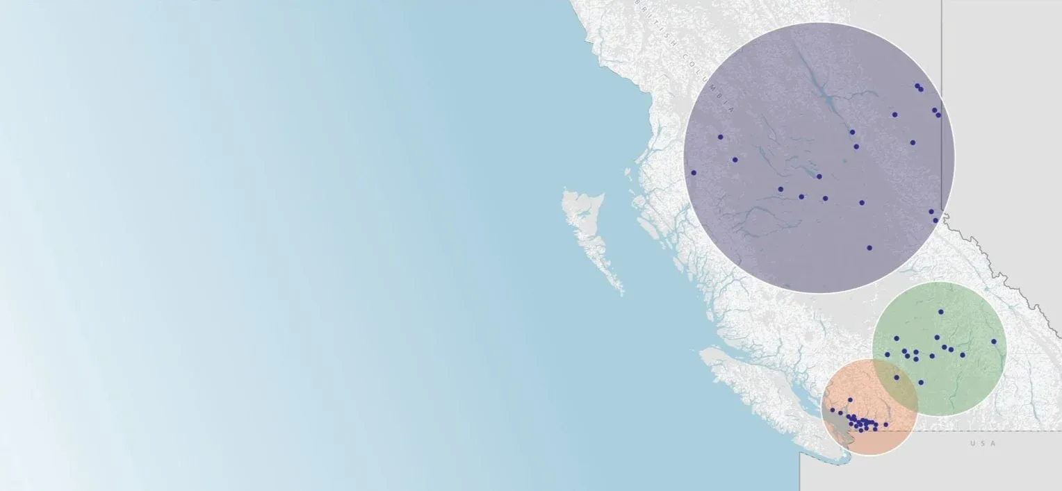 Map of British Columbia showing three clusters of points marked with blue dots within overlapping purple, green, and orange circles in the southern, northern and central regions.