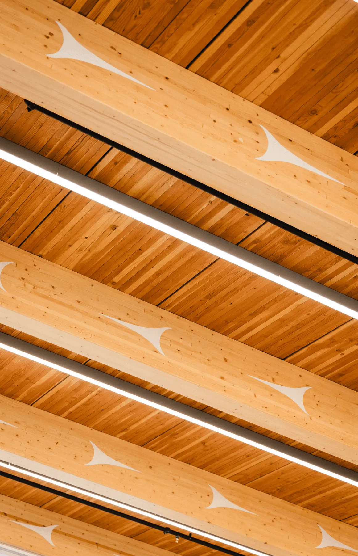 Ceiling with wooden beams featuring white triangular patterns and linear LED lights.