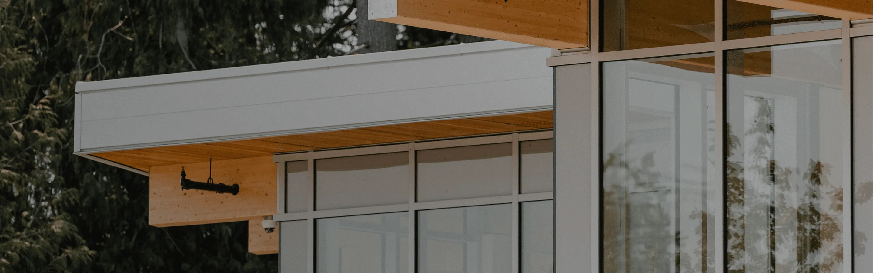 Modern building corner with large glass windows and wooden overhang surrounded by trees.