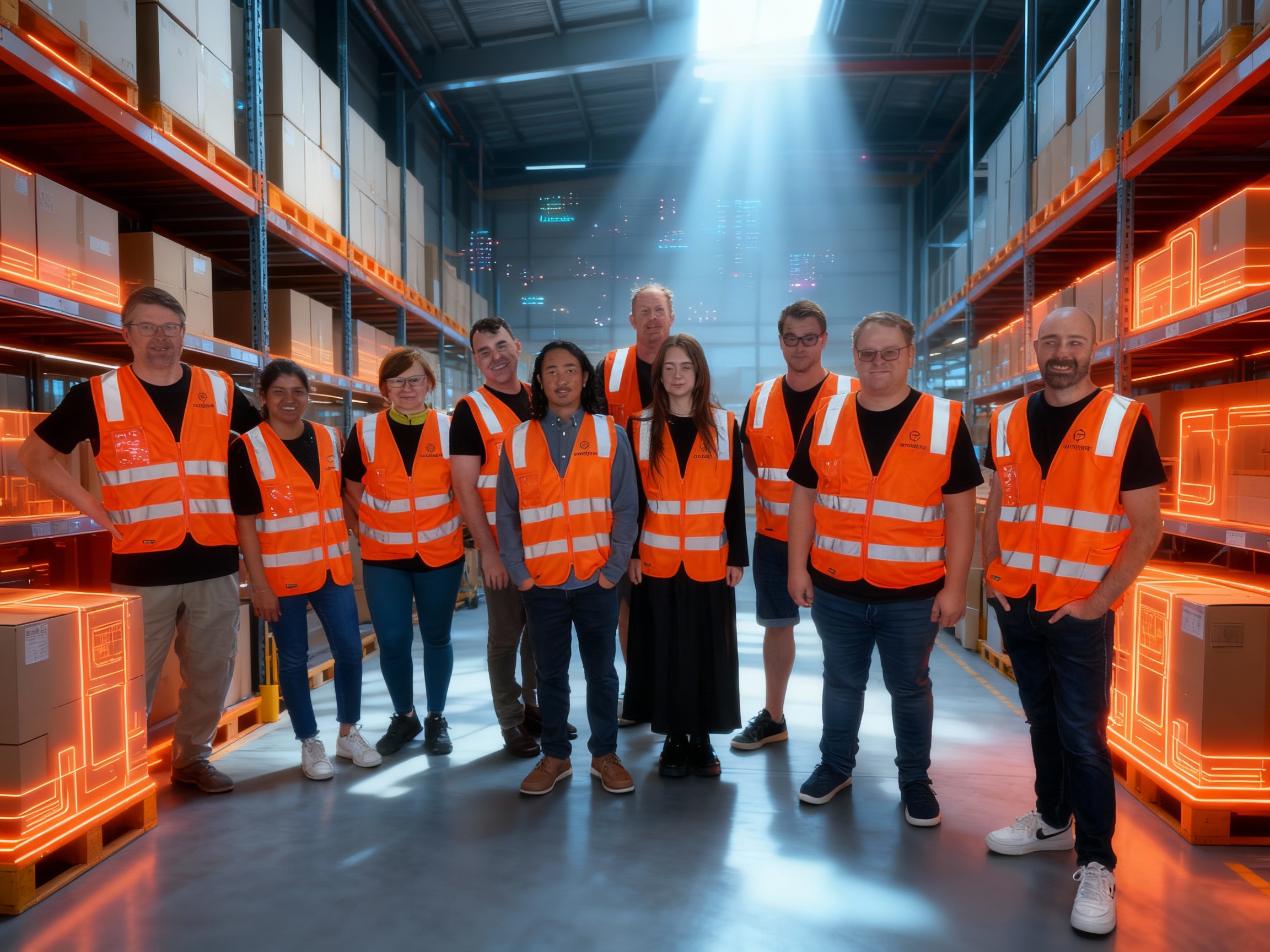 High angle photo of the team walking thorough a warehouse