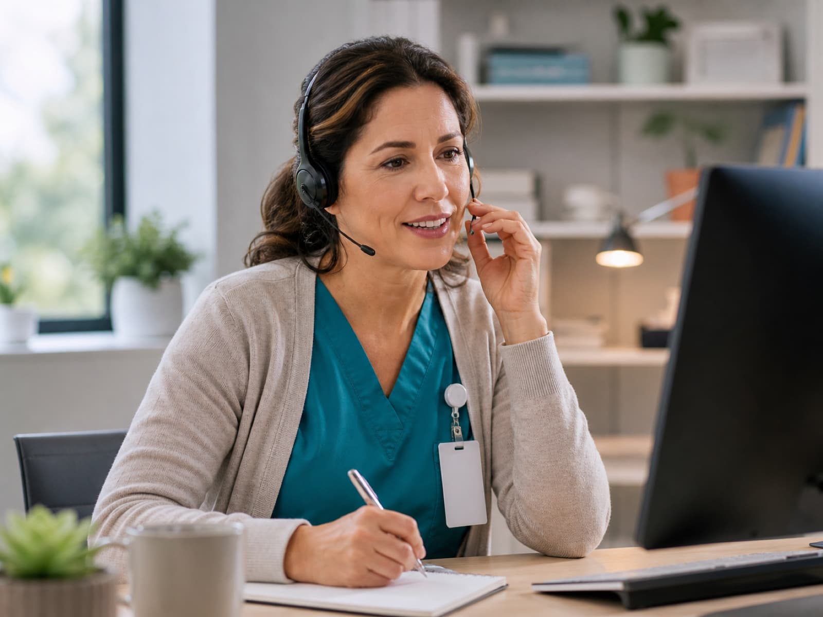 A care advocate wearing a headset, talking with a member