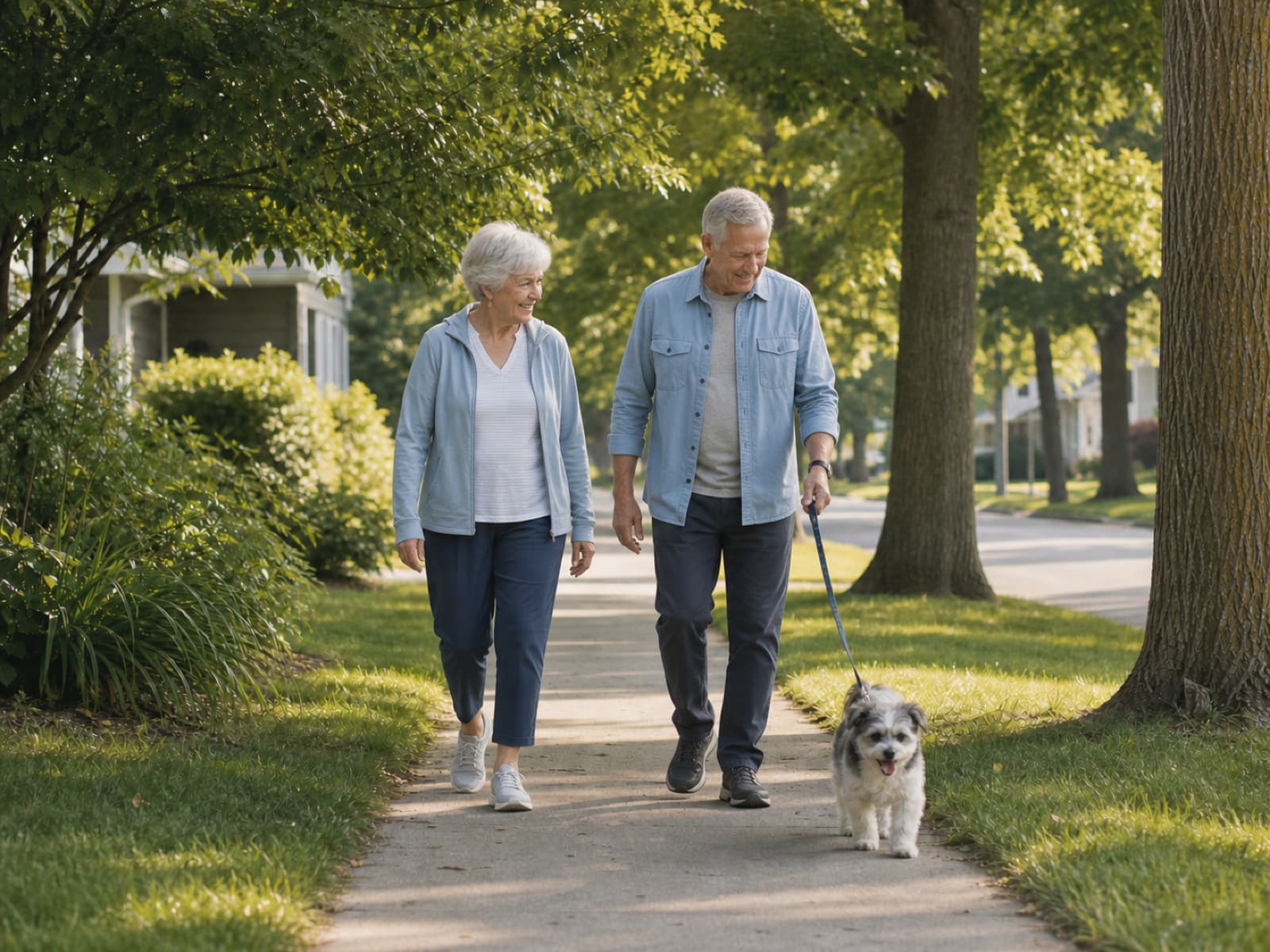 An older couple walking their dog outdoors on a sunny day