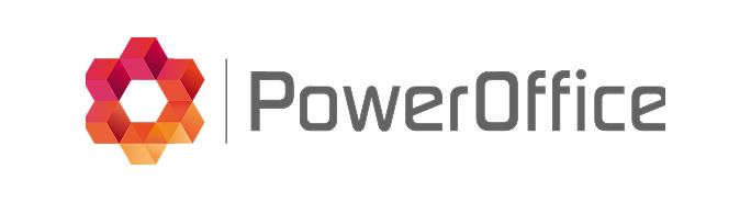PowerOffice logo with a hexagonal geometric design in shades of red, orange, and purple next to the text 'PowerOffice'.