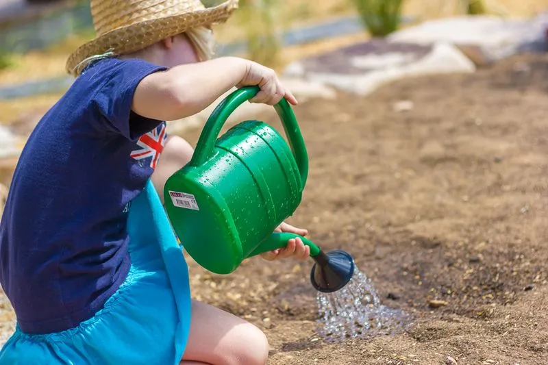 Child wearing a straw hat and navy shirt using a large green watering can to water soil in a garden bed.