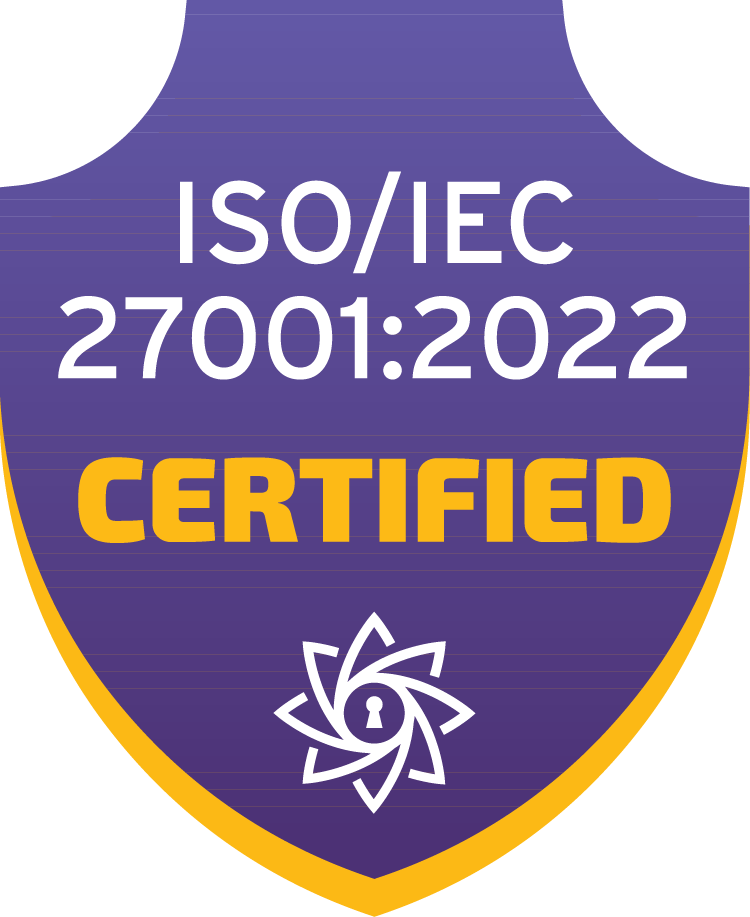 Shield-shaped badge with text 'ISO/IEC 27001:2022 CERTIFIED' and a lock symbol in a stylized flower at the bottom.