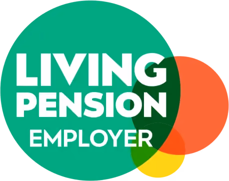 Living Pension Employer logo with white text on a green circle background overlapping smaller orange and yellow circles.