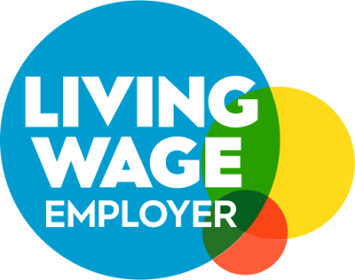 Logo with the words 'LIVING WAGE EMPLOYER' in white text over a blue circle with overlapping yellow and red circles.