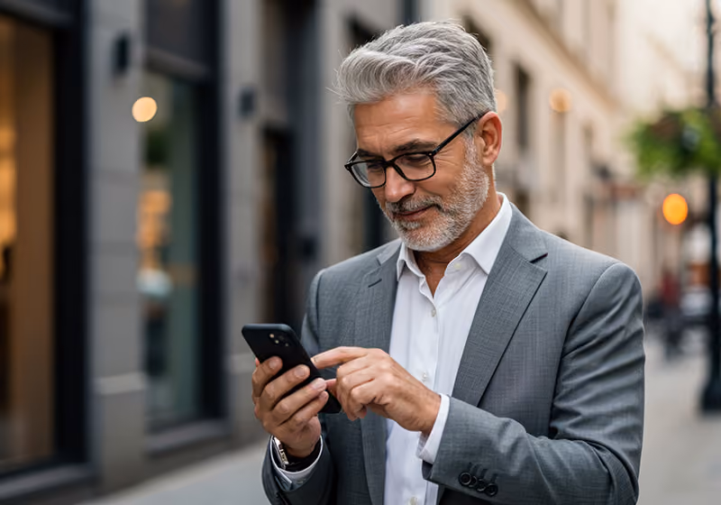 Elderly man in suit looking at phone