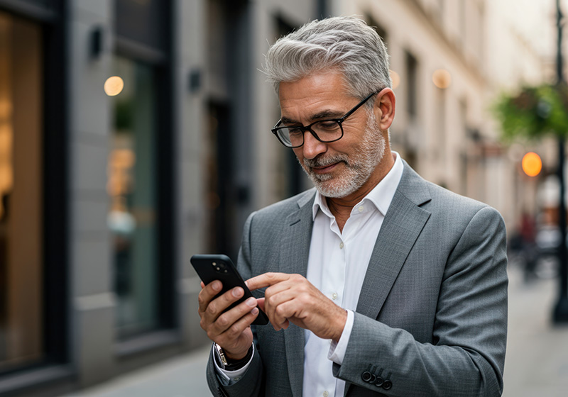 Elderly man in suit looking at phone