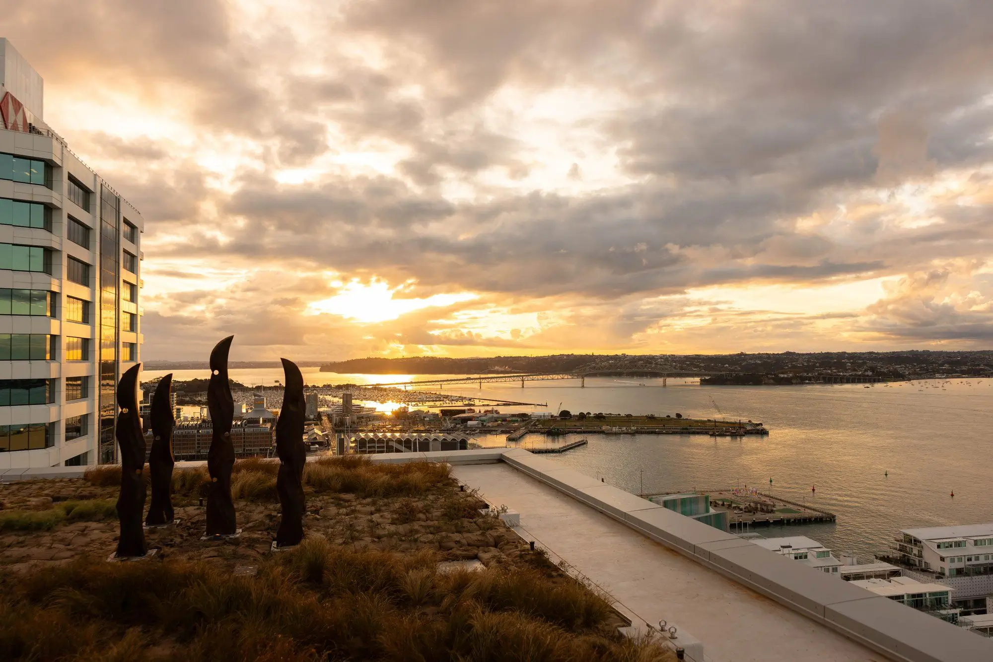 A view of Auckland Harbour at sunset