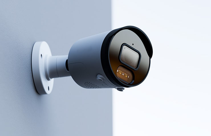 Moderne Überwachungskamera mit Infrarotlicht an einer weißen Wand montiert.