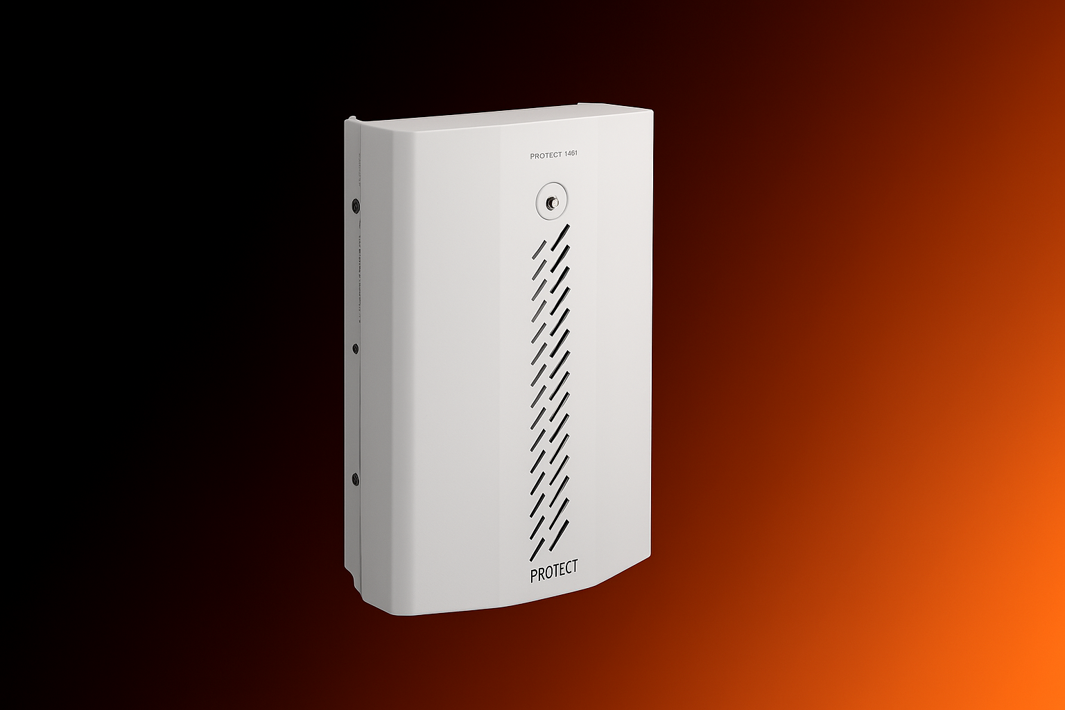 Weißes Sicherheitsgerät mit Belüftungsschlitzen und der Aufschrift PROTECT 1461 vor einem schwarz-orangefarbenen Hintergrund.