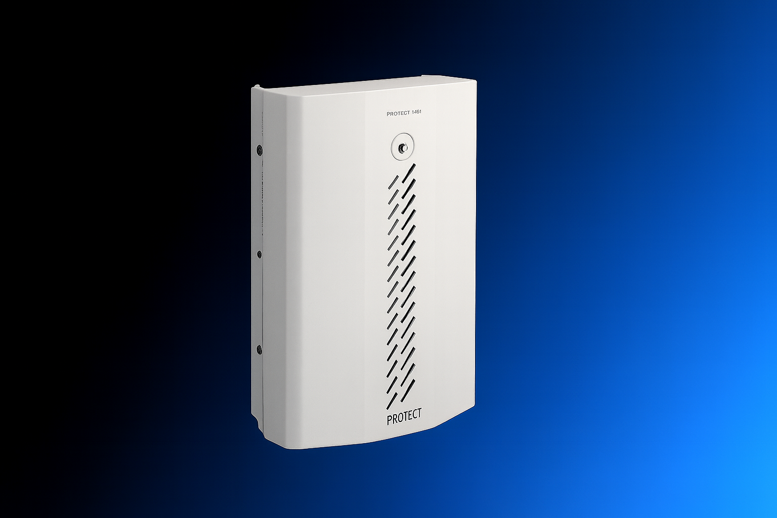 Weißes Sicherheitssystem mit dem Schriftzug "PROTECT" vor blauem Hintergrund.