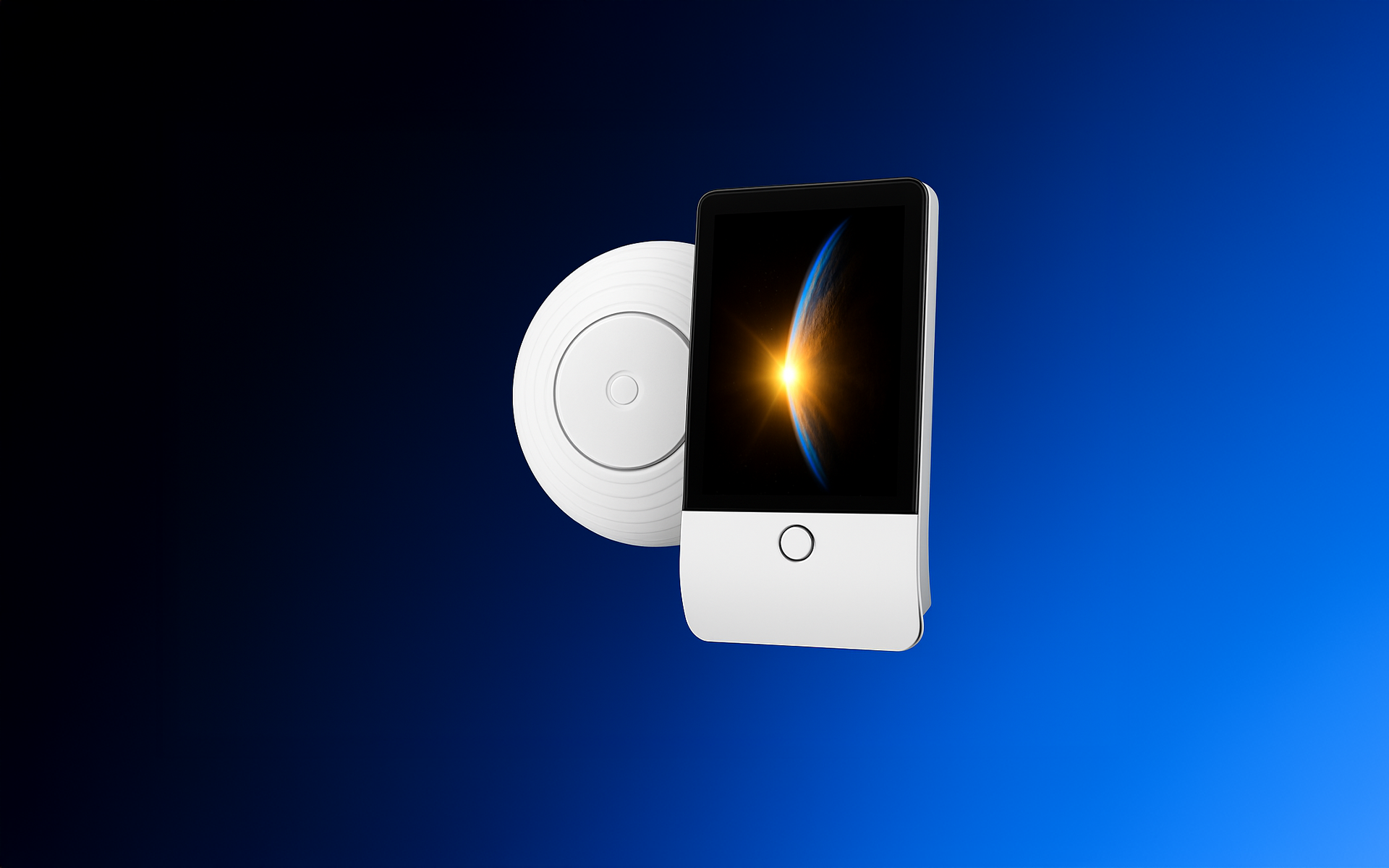 Ein weißes technisches Gerät mit rundem Teil zeigt auf dem Bildschirm einen Sonnenaufgang über einem Planeten vor blauem Verlaufshintergrund.