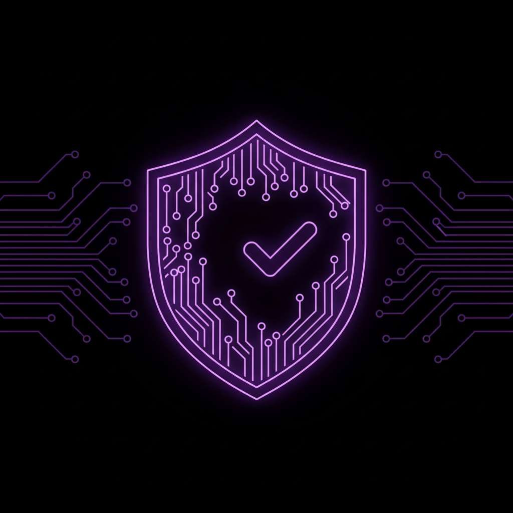 Glowing purple shield with a checkmark and circuit board design on black background representing digital security.